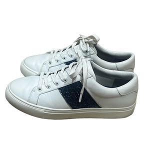 Tory Burch Carter White Leather Sneakers Blue Glitter Stripe Low Top - Size 9